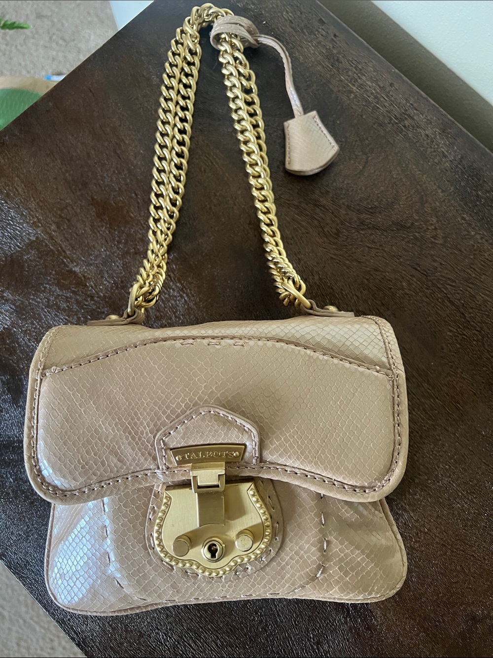 Y2K Leather Taupe Textured Chain-Handle Shoulder Bag SMALL